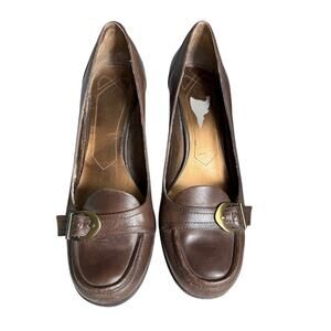 Y2K Vintage Nine West brown leather chunky heeled loafers Buckle‎ Preppy 7.5